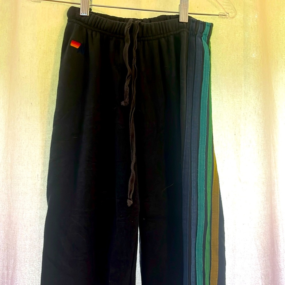 Aviator Nation charcoal sweatpants with stripes of blues and greens.